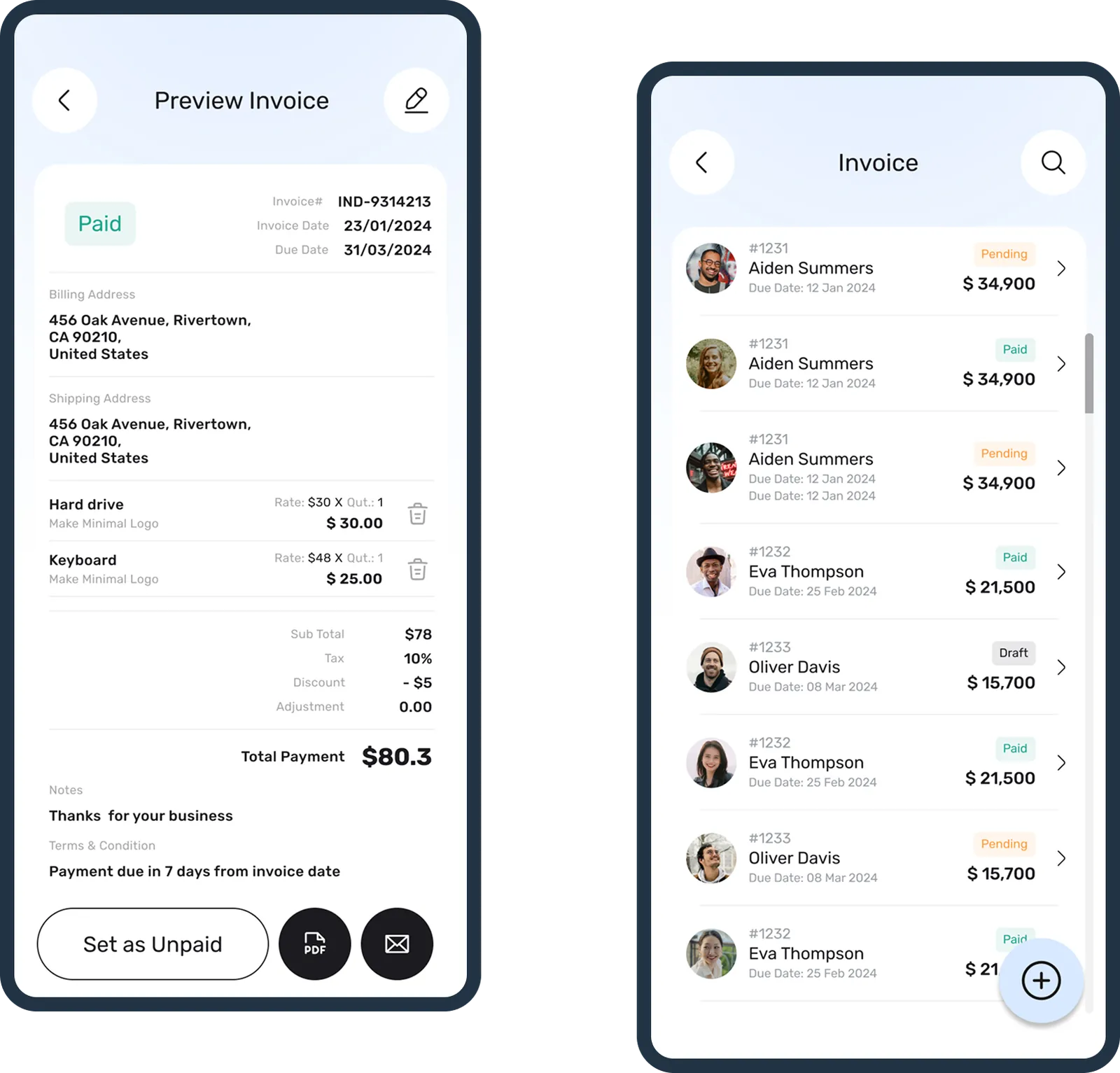 Screens from the Plesy Invoice platform